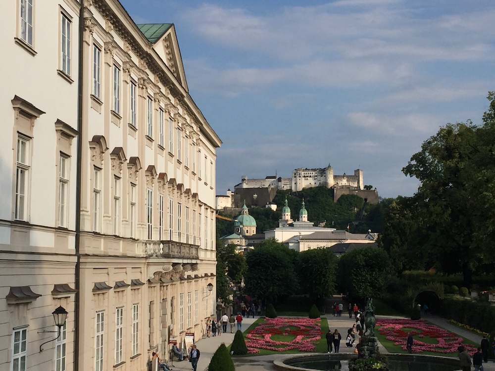 The Hohensalzburg Fortress from the attractive gardens of the Schloss Mirabell